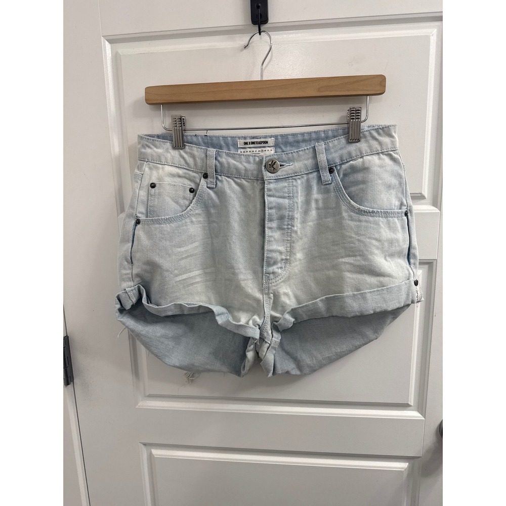 One Teaspoon Bandits Light Blue Denim Distressed Cuffed Shorts Size 29 Mid Waist